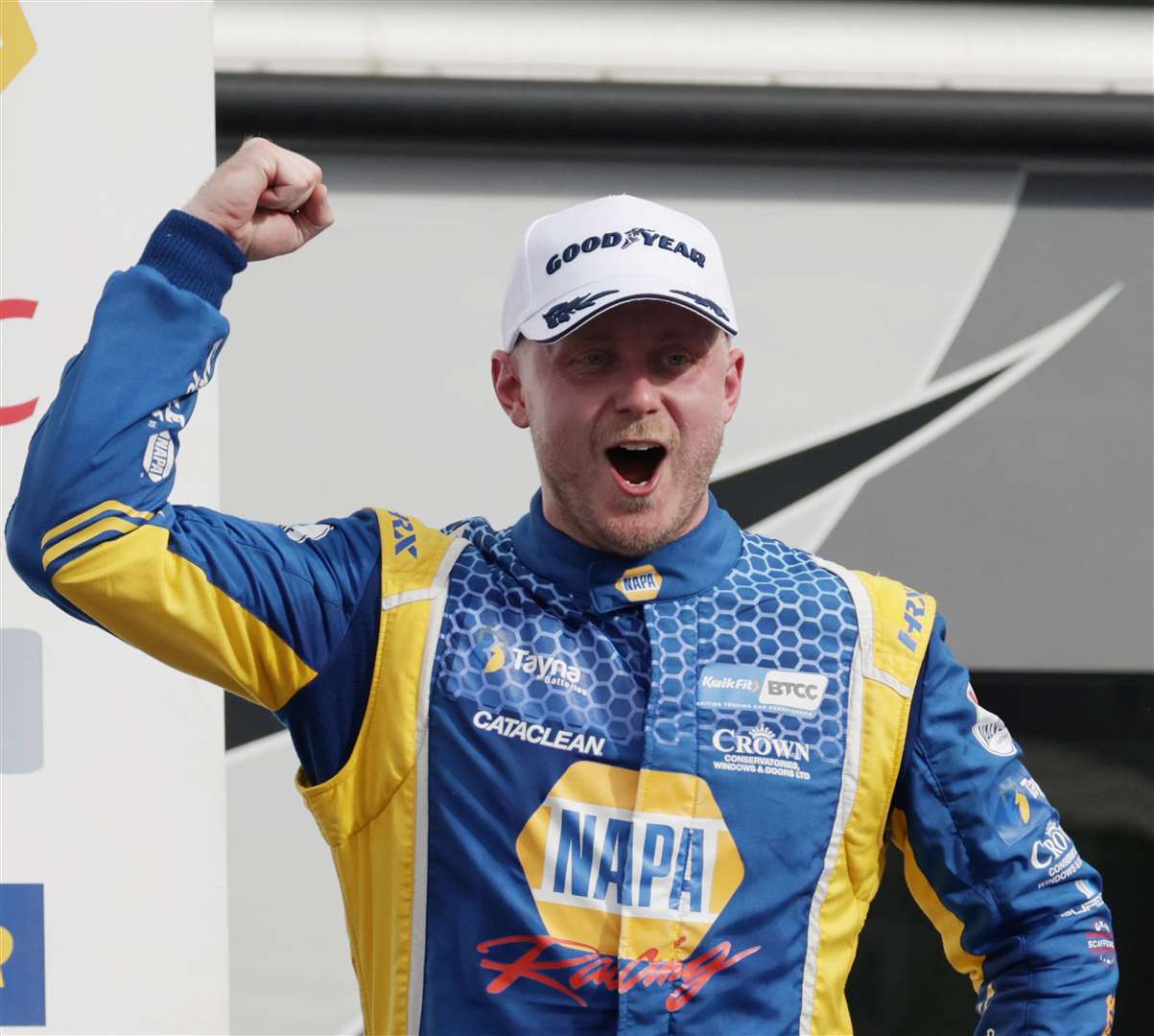 Wrotham-based Motorbase Performance's Ash Sutton enjoys his win at Silverstone. Picture: BTCC