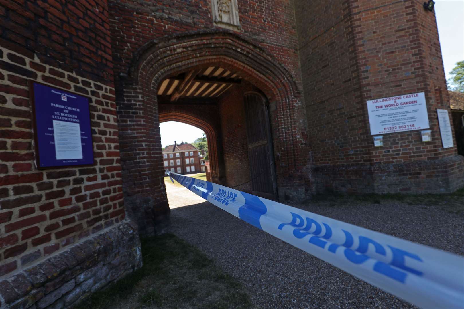 Police tape at the entrance to Lullingstone Castle in Eynsford, Kent, where a man has died after reports of a disturbance in the grounds on Thursday evening.