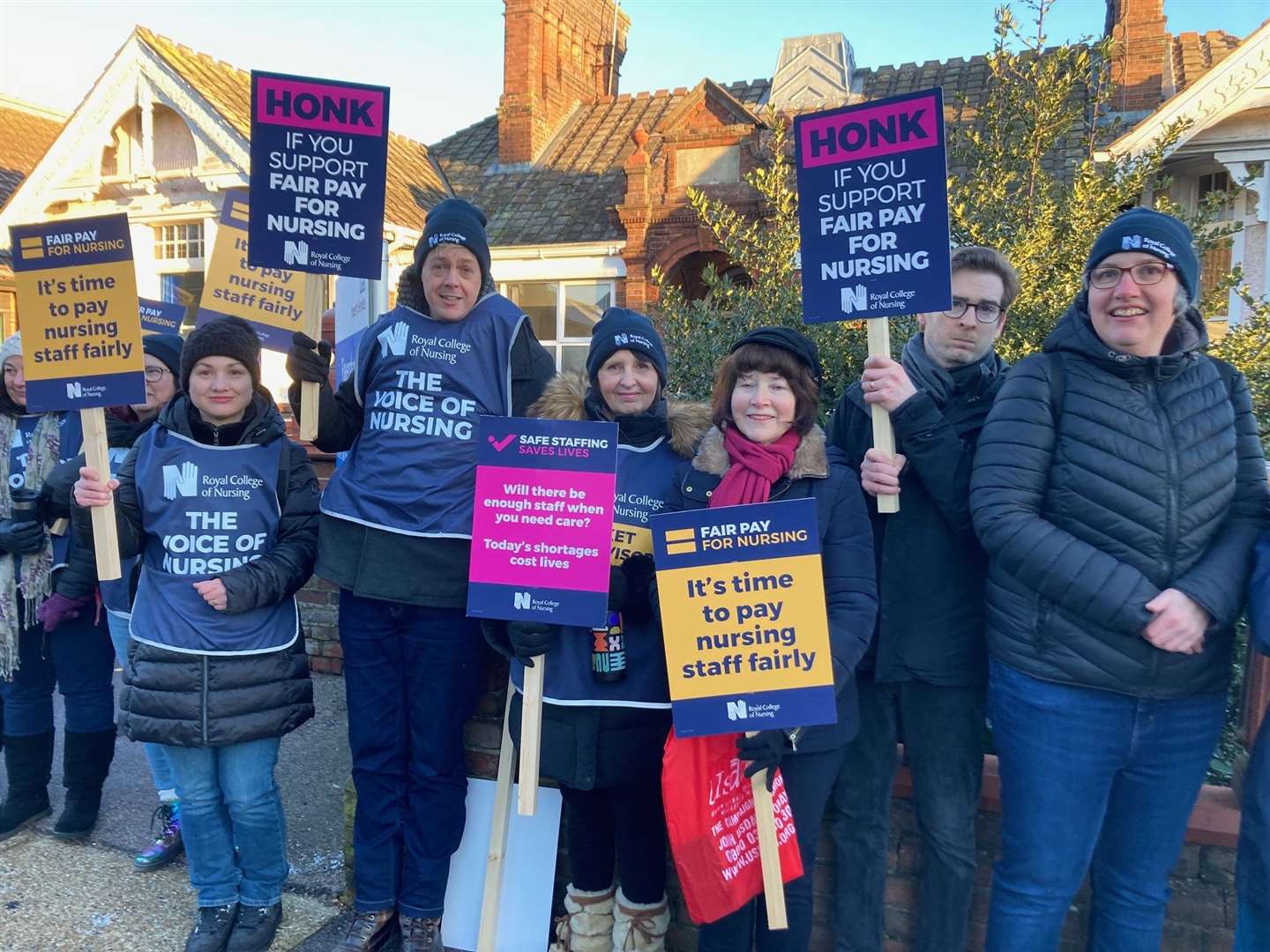 Nursing staff with their placards on the picket line in Faversham