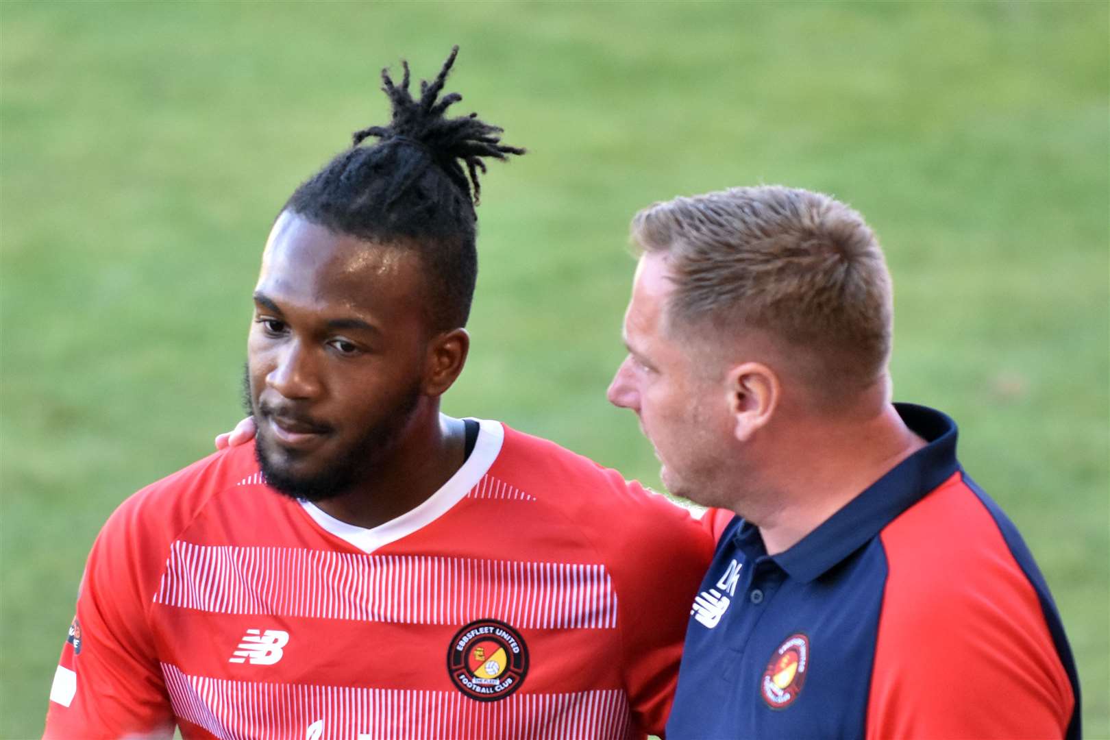 Ebbsfleet striker Dominic Poleon gets more advice from boss Dennis Kutrieb. Picture: Ed Miller/EUFC