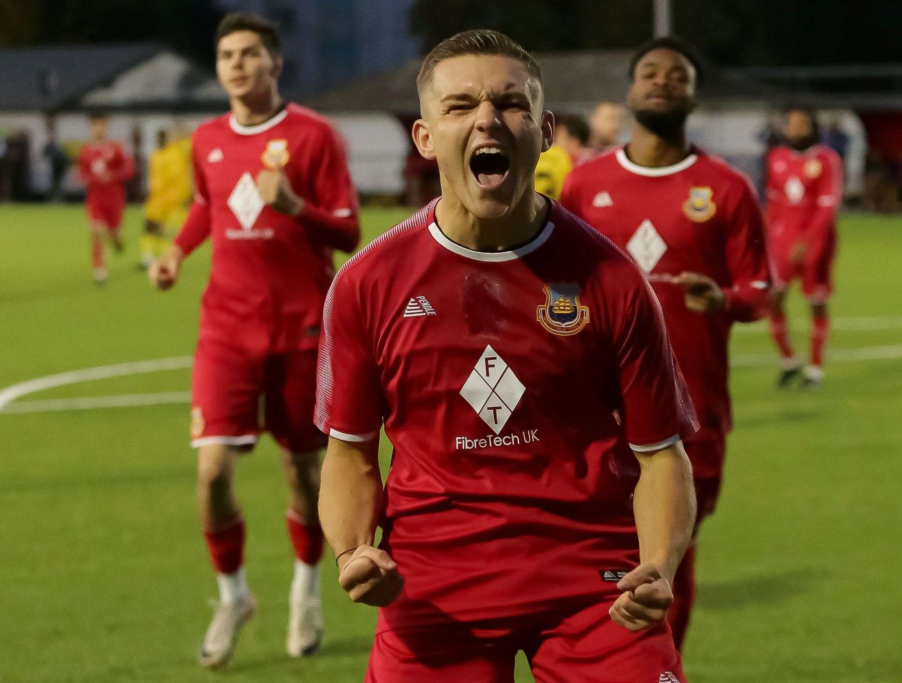 Midfielder Josh Oliver celebrates making it 1-0 against Bearsted. Picture: Les Biggs