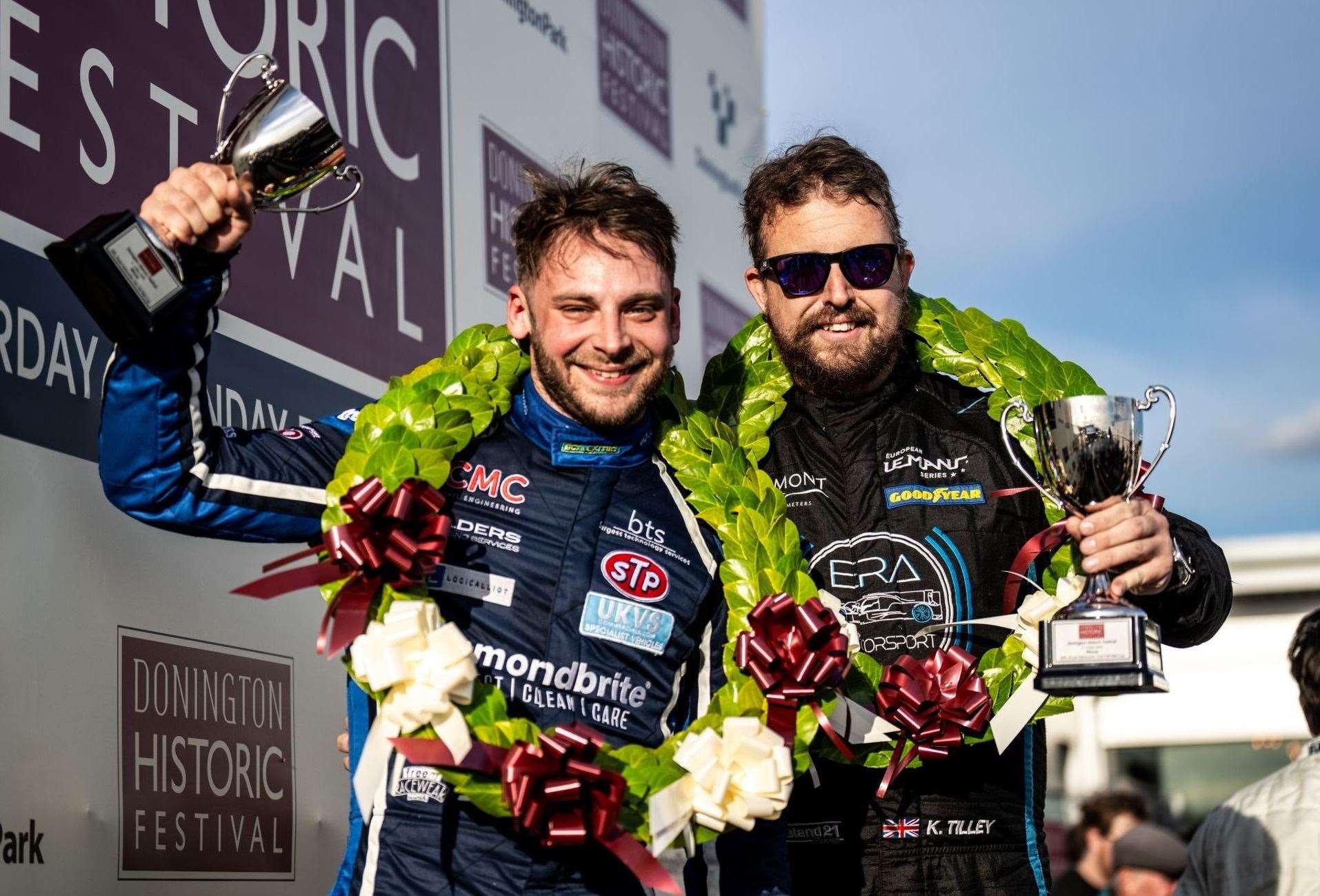 Jake Hill, left, with Kyle Tilley, was in winning form at Donington's Historic Festival last week. Picture: Era Motorsport