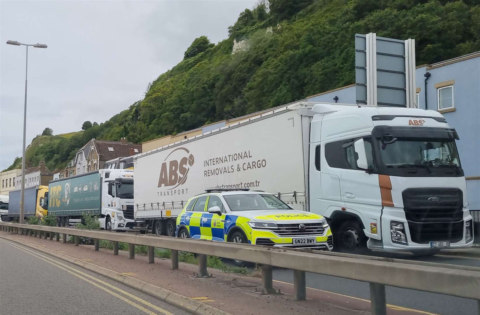 Queuing lorry traffic on the A20 Townwall Street in Dover