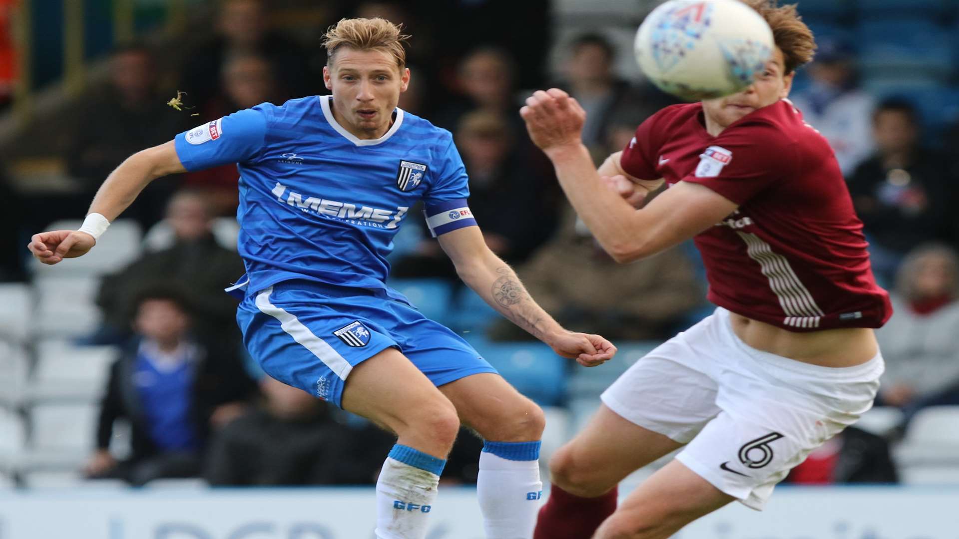 Lee Martin gets a shot in against Northampton. Picture: Andy Jones