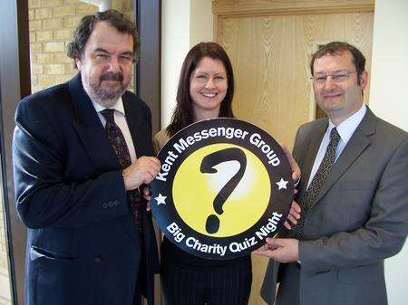 Big Quiz sponsors John Payne, of Larkings, and Martyn Barr, of Impact PR and Whitefriars shopping mall, with Dee Murphy, from the KM charity team