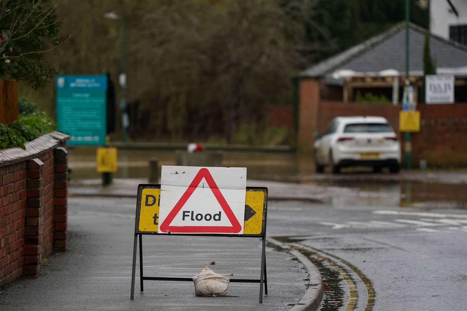 Flood signage in place at Shipston-on-Stour, Warwickshire (Jacob King/PA)