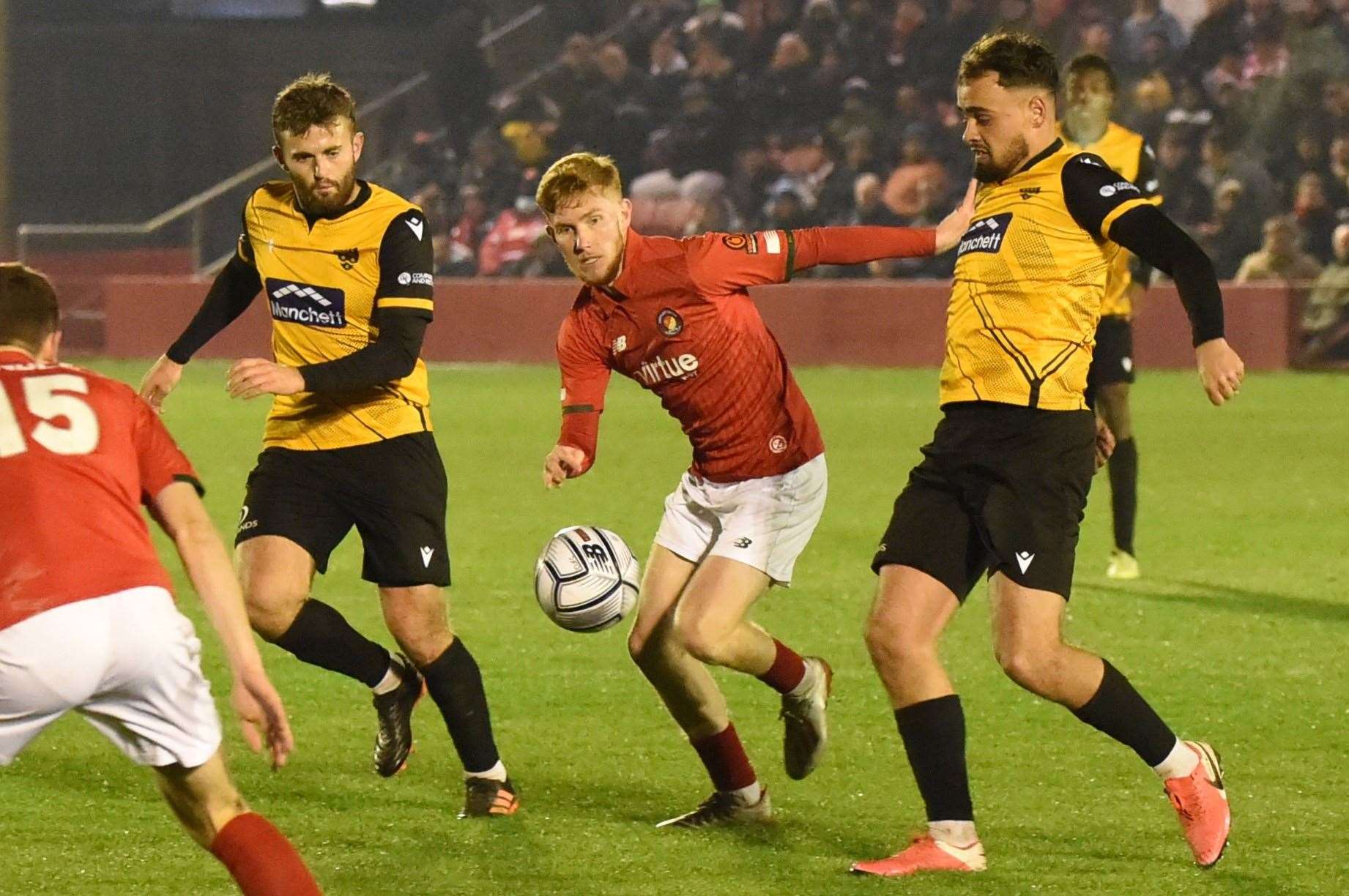 Ebbsfleet midfielder Alfie Egan closes down Maidstone's Michael Phillips. Picture: Steve Terrell