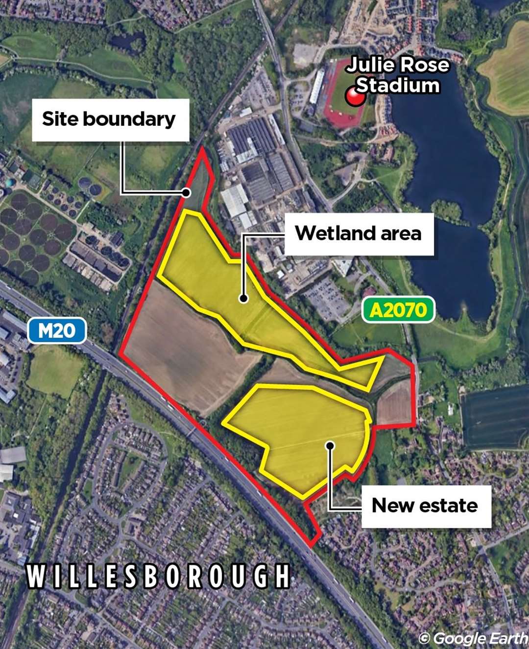 The location of the planned Kingsland Green homes and wetland area off the A2070 in east Ashford