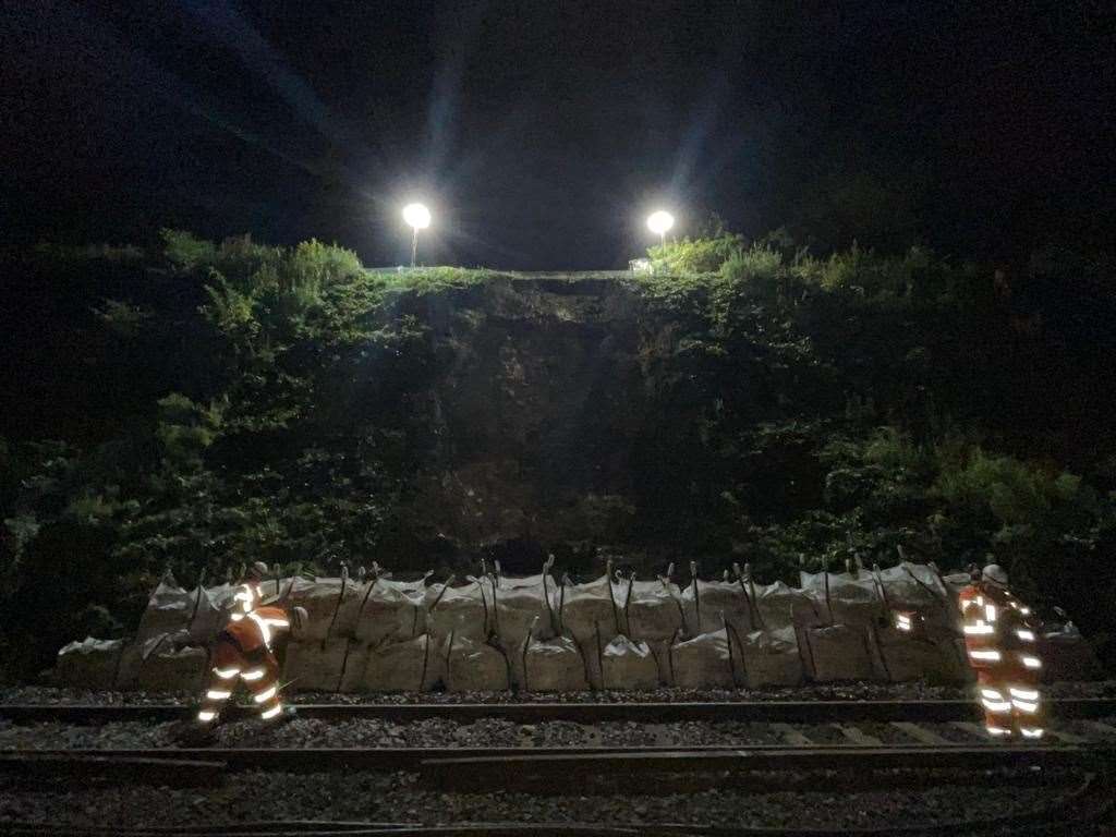 A temporary wall of bags full of stone has been installed. Picture: Network Rail
