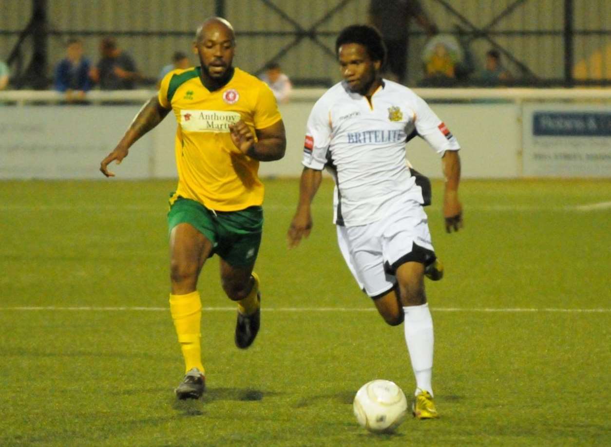 Welling United (yellow) take on Maidstone United at the Gallagher Stadium Picture: Steve Terrell