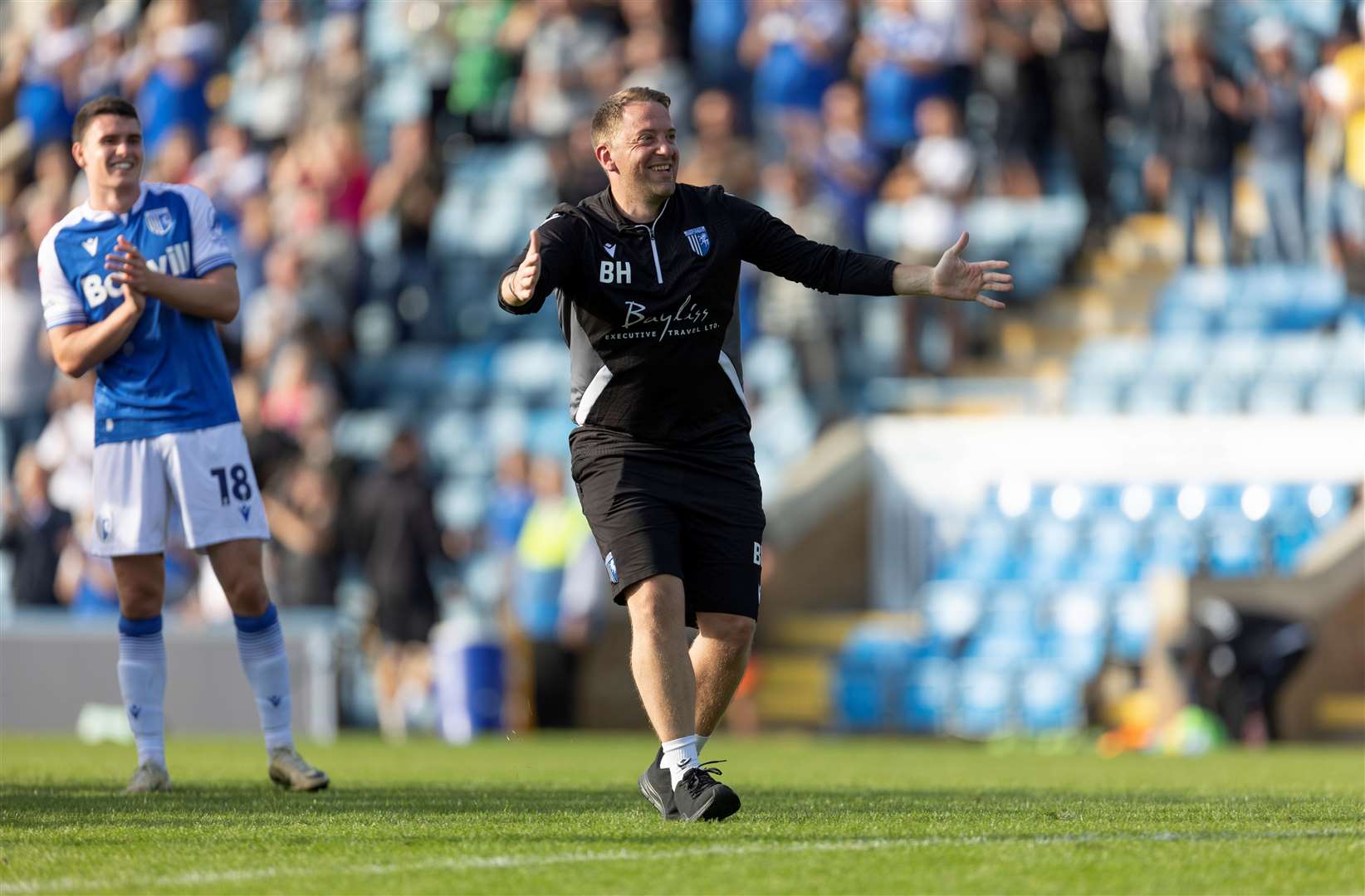 Celebrations in front of the Rainham End from Gillingham kit man Brad Haywood Picture: @Julian_KPI