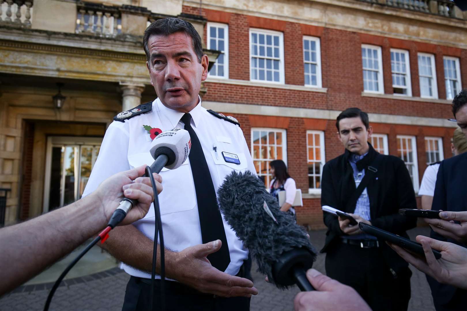 Adderley speaking outside Northamptonshire Police HQ at Wootton Hall Park, Northampton about the death of Harry Dunn in August 2019 (Jacob King/PA)