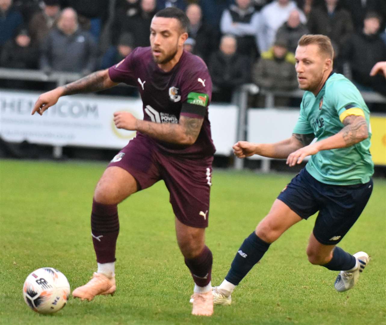 Dartford midfielder Samir Carruthers gets ahead of Ebbsfleet's Chris Solly. Picture: Ed Miller/EUFC