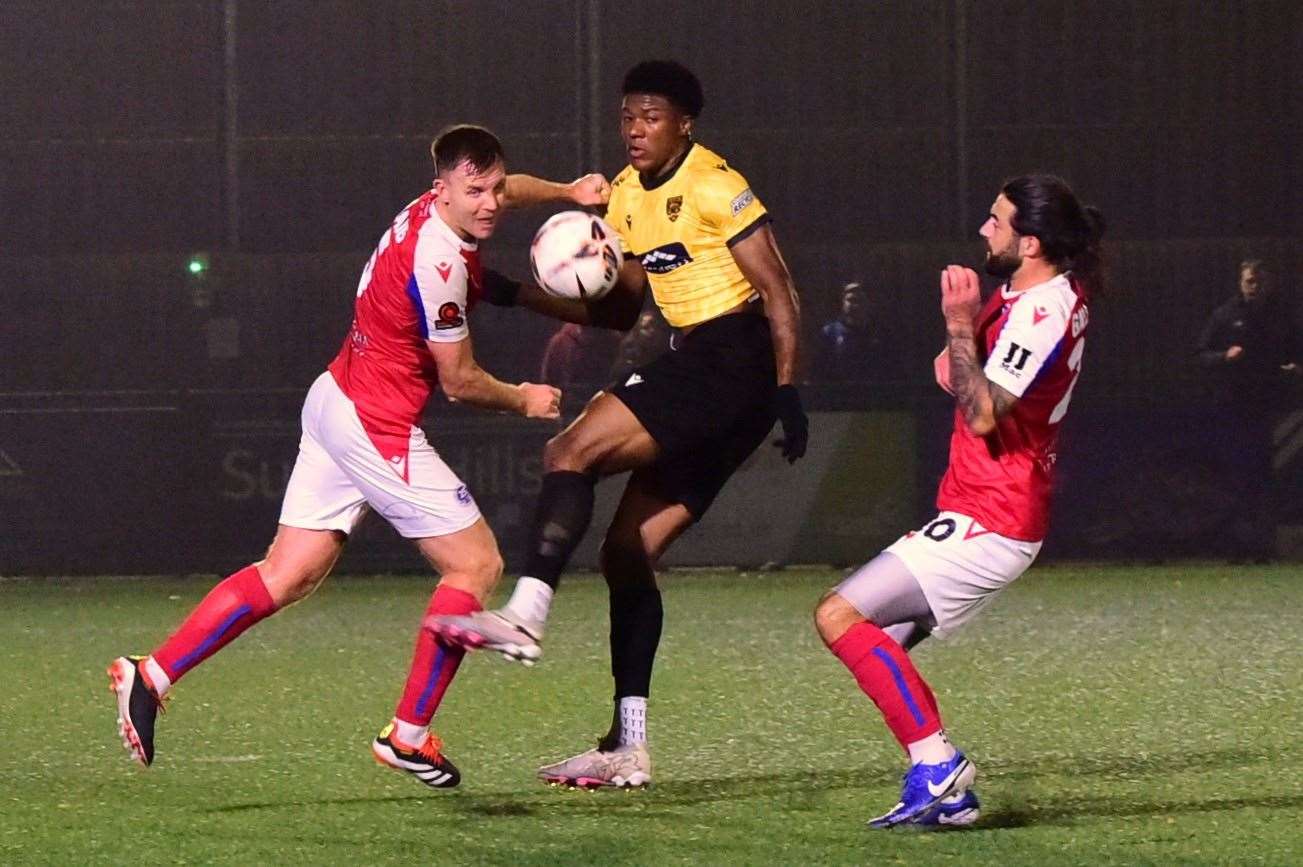 Maidstone striker Harry Lodovica in action at Dorking. Picture: Steve Terrell