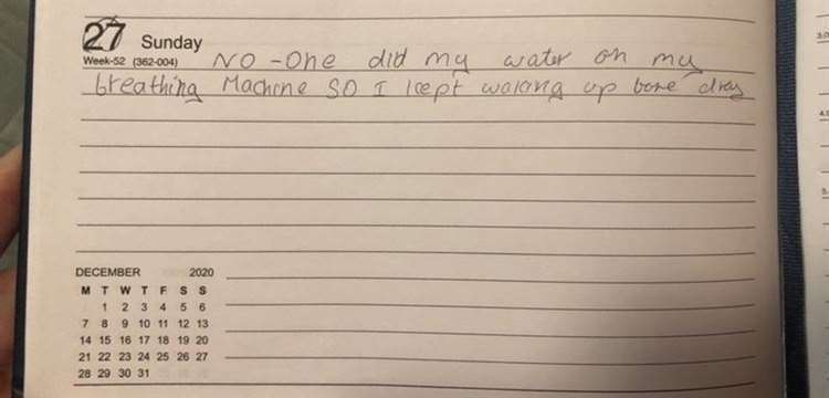 Another diary entry in which Mr Terry claims his ventilator had not been properly set up for the night