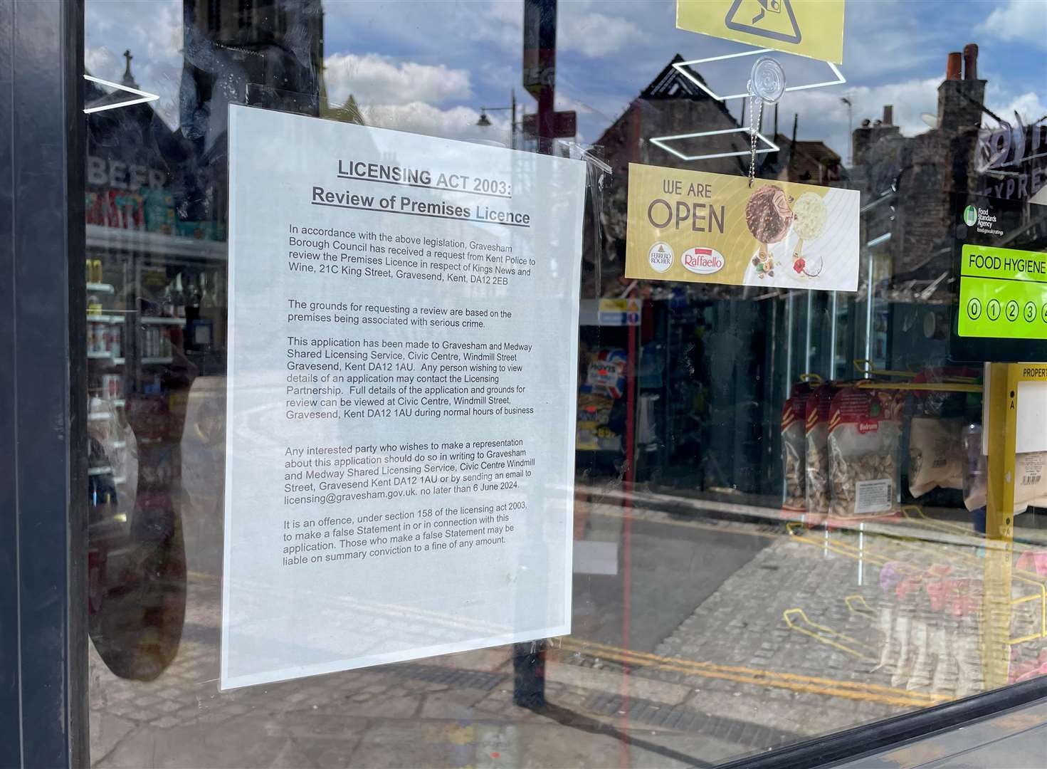 A notice was placed in the in the window of Kings News and Wine in Gravesend that their licence was up for review