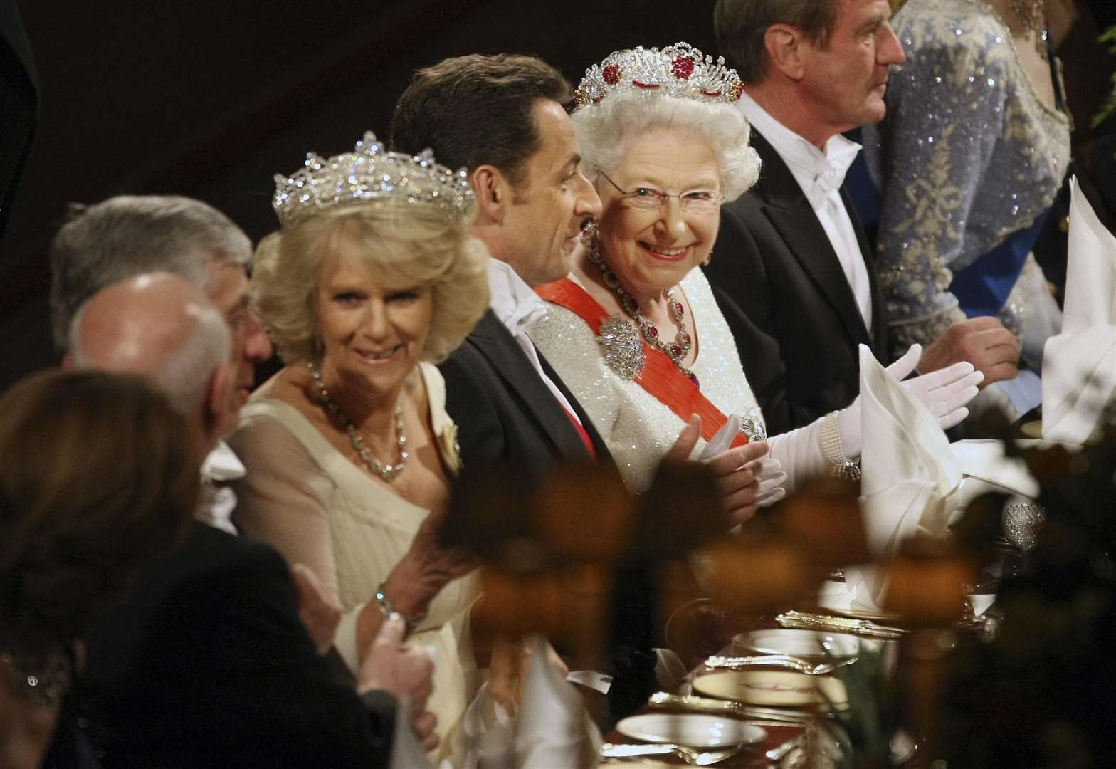 Camilla next to former French president Nicolas Sarkozy, at a state banquet at Windsor Castle (Matt Dunham/PA)