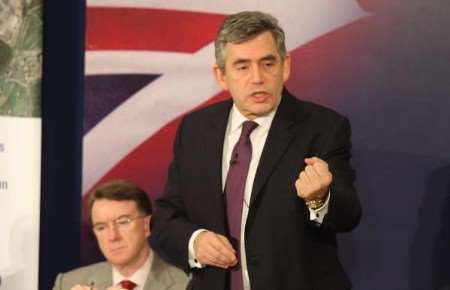 Gordon Brown, with Peter Mandelson in the background, addresses Kent Science Park in Sittingbourne. Picture: John Westhrop