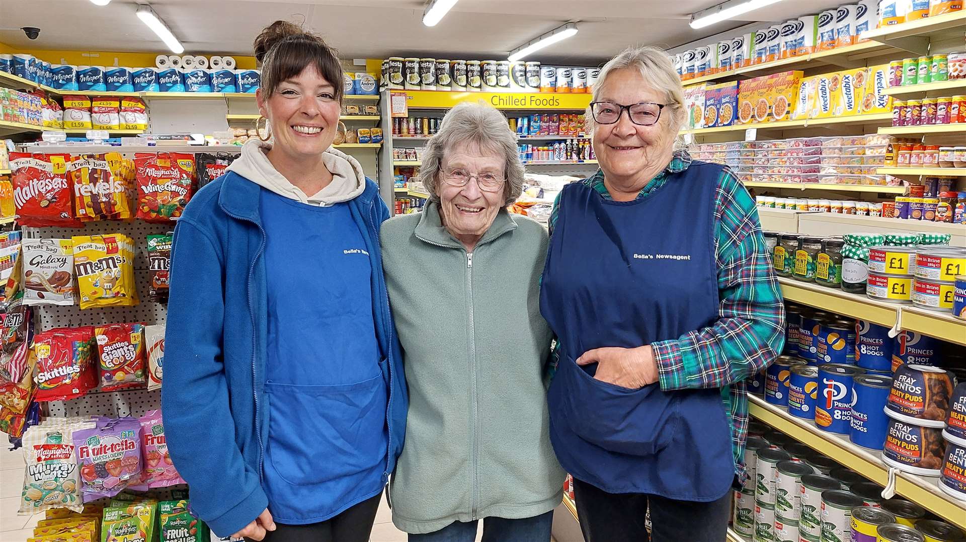 Employees Justina Stevens and Bev Duncan with 87-year-old Daphne Stevens who worked at the newsagents for 50 years