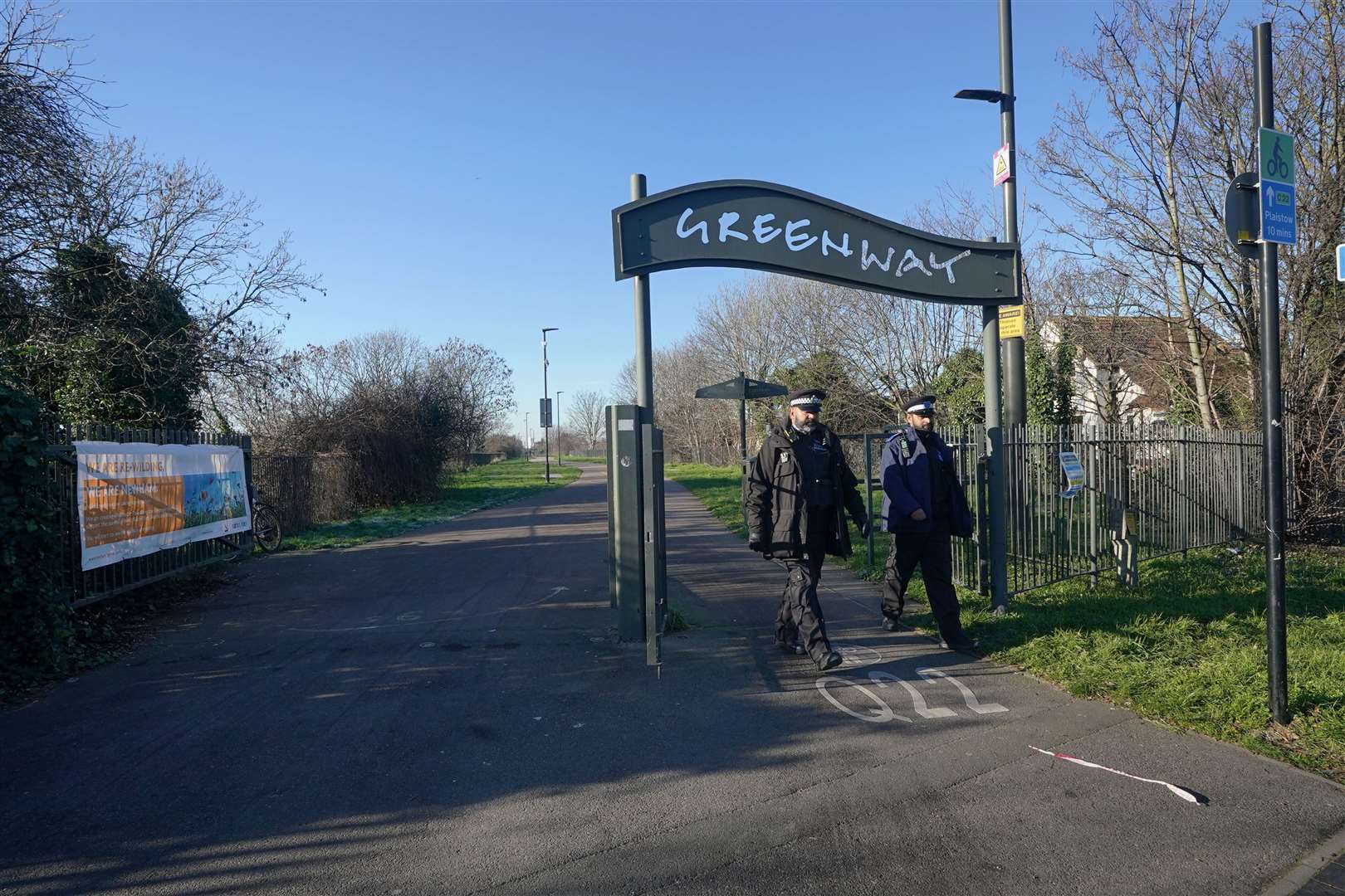 Police and community support officers near the area where Baby Elsa was found (Yui Mok/PA)