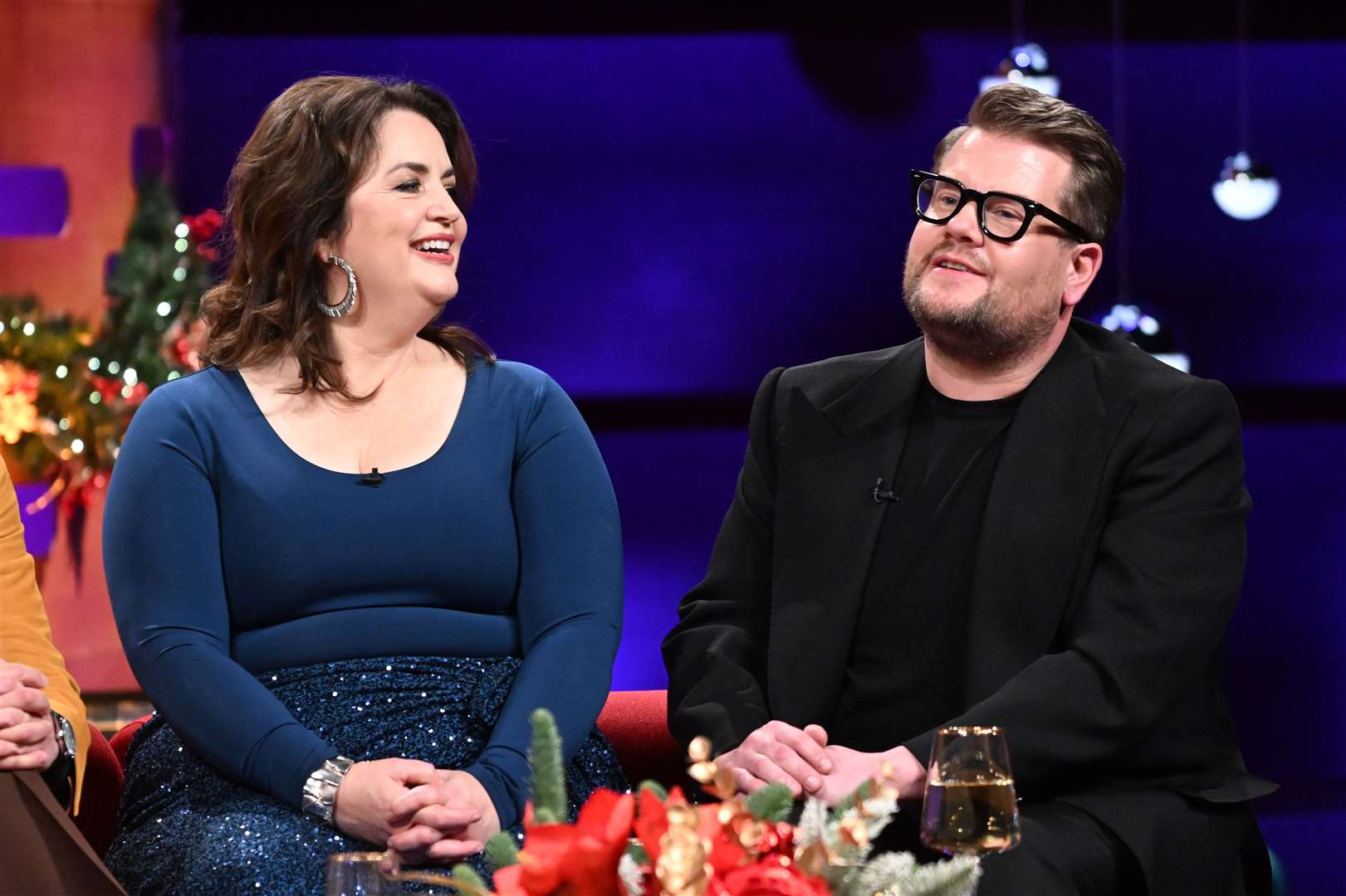 Ruth Jones and James Corden during filming for the Graham Norton Show, at BBC Studioworks 6 Television Centre, Wood Lane, London, to be aired on BBC One on Friday evening (Matt Crossick/PA)