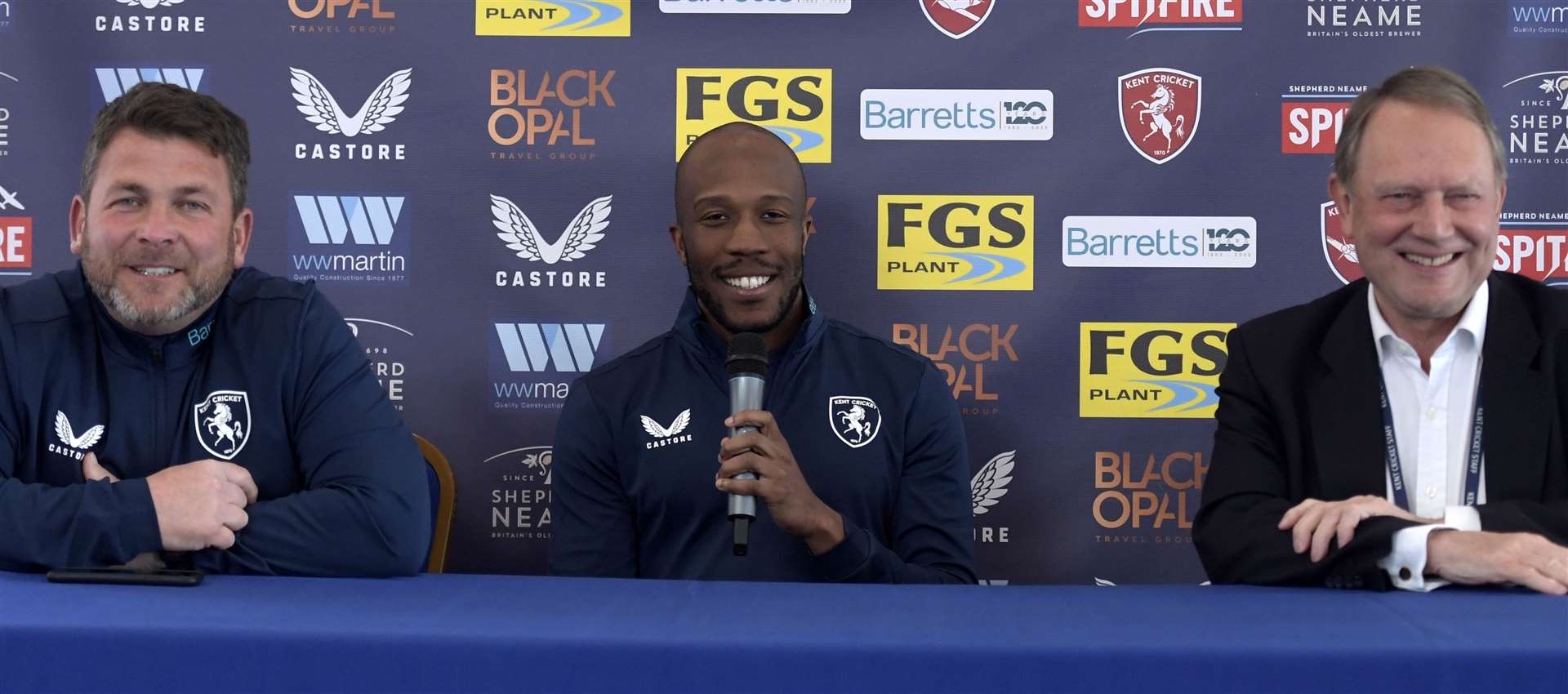 Bell-Drummond, centre, flanked by head coach Matt Walker and director of cricket Paul Downton at Kent's media day. Picture: Barry Goodwin