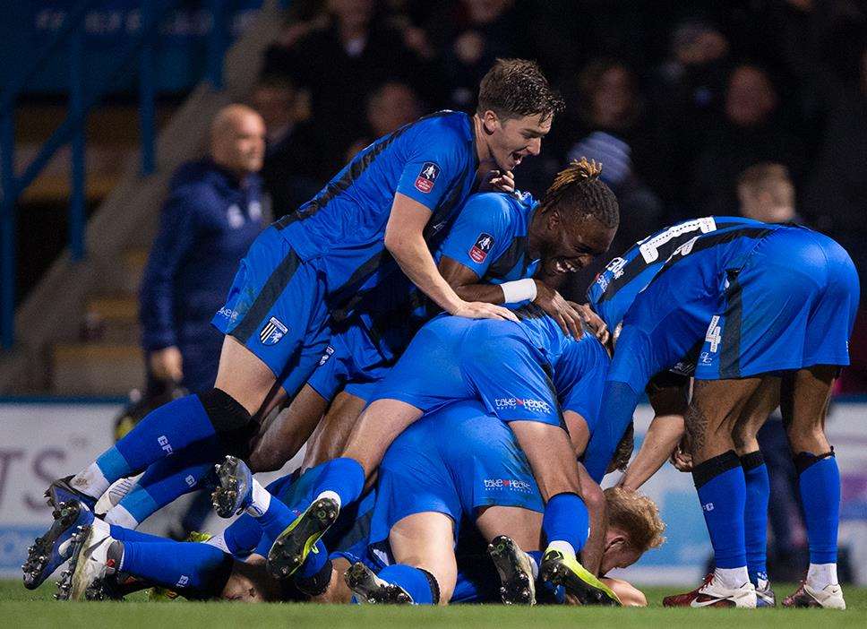 Gillingham celebrate Elliott List's goal Picture: Ady Kerry (6333752)