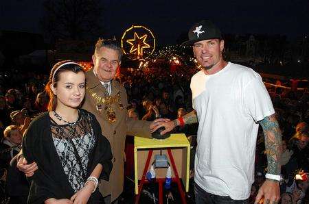 Vanilla Ice switches on the lights at the Dickens Christmas Market with Medway Mayor Cllr Ted Baker and his grandaughter Ffion Baker-Davies