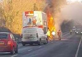 The double-decker bus burst into flames in front of another bus. Picture: Donna NI Scurlog