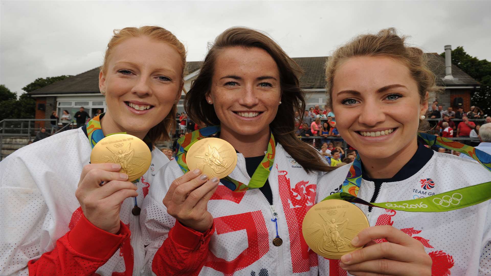 Nicola White, Maddie Hinch and Shona McCallin visited Holcombe HC in Marconi Way, after their Rio win