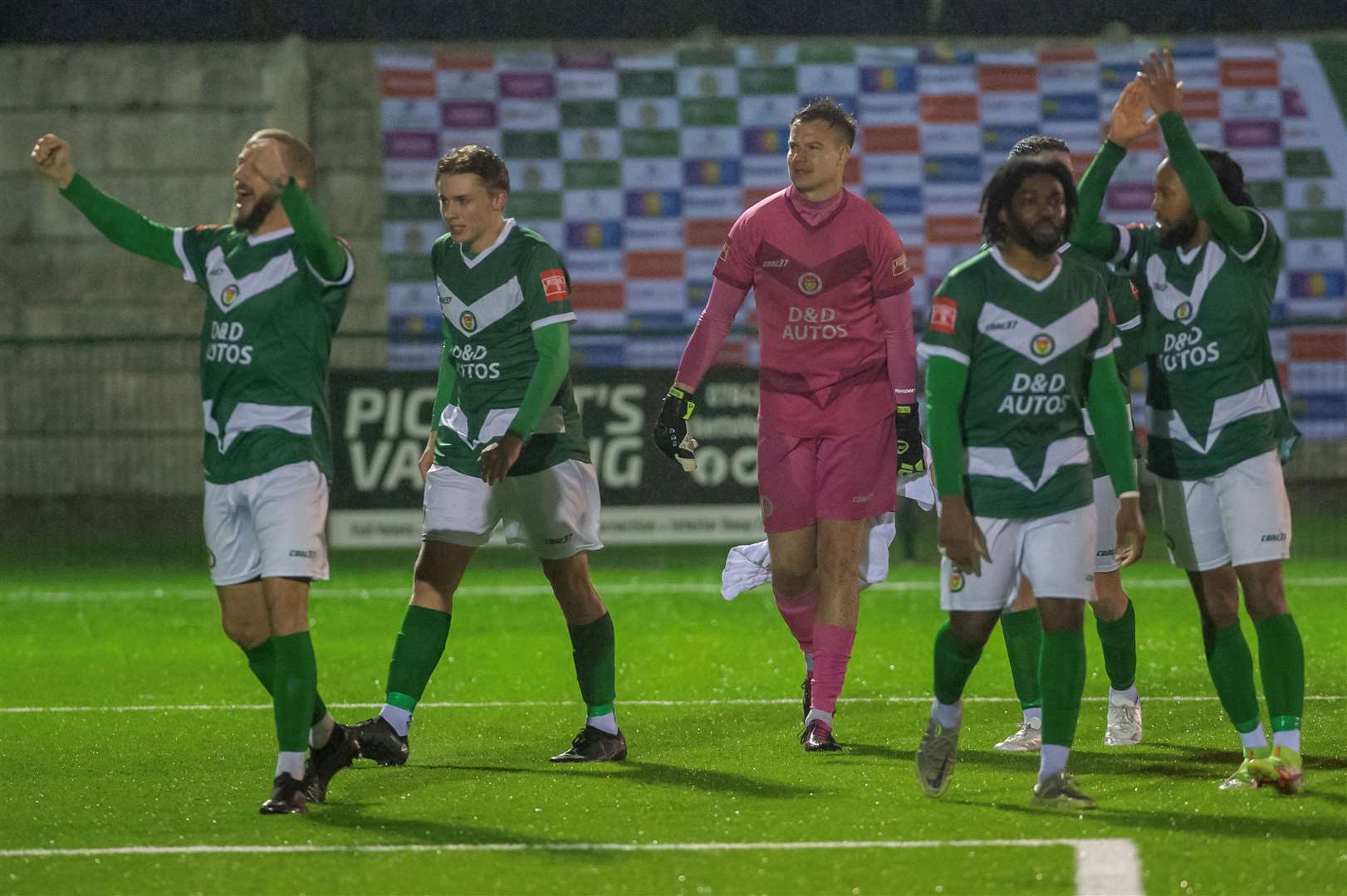 Ashford celebrate after beating Hastings on penalties in the League Cup. Picture: Ian Scammell