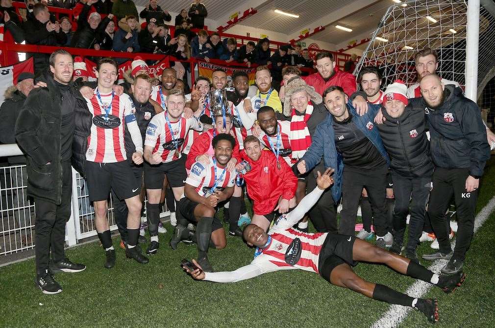 Sheppey United celebrate winning the 2019/20 Kent Senior Trophy. Picture: PSP Images