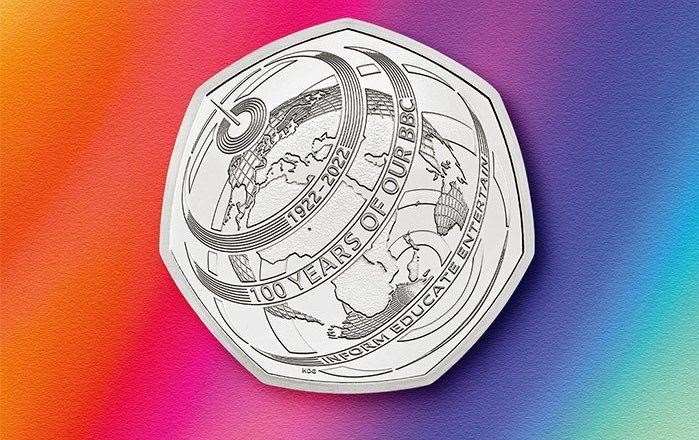 The 50p coin celebrating 100 years of the BBC features the Queen's effigy on the other side having been made before she died. Image: The Royal Mint.