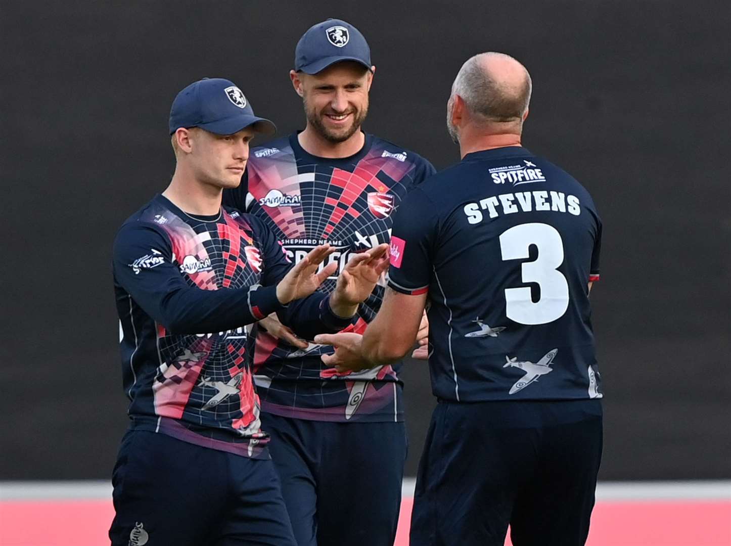 Kent's Jordan Cox and Darren Stevens celebrate the wicket of Surrey's Tim David on Friday. Picture: Keith Gillard (49060504)