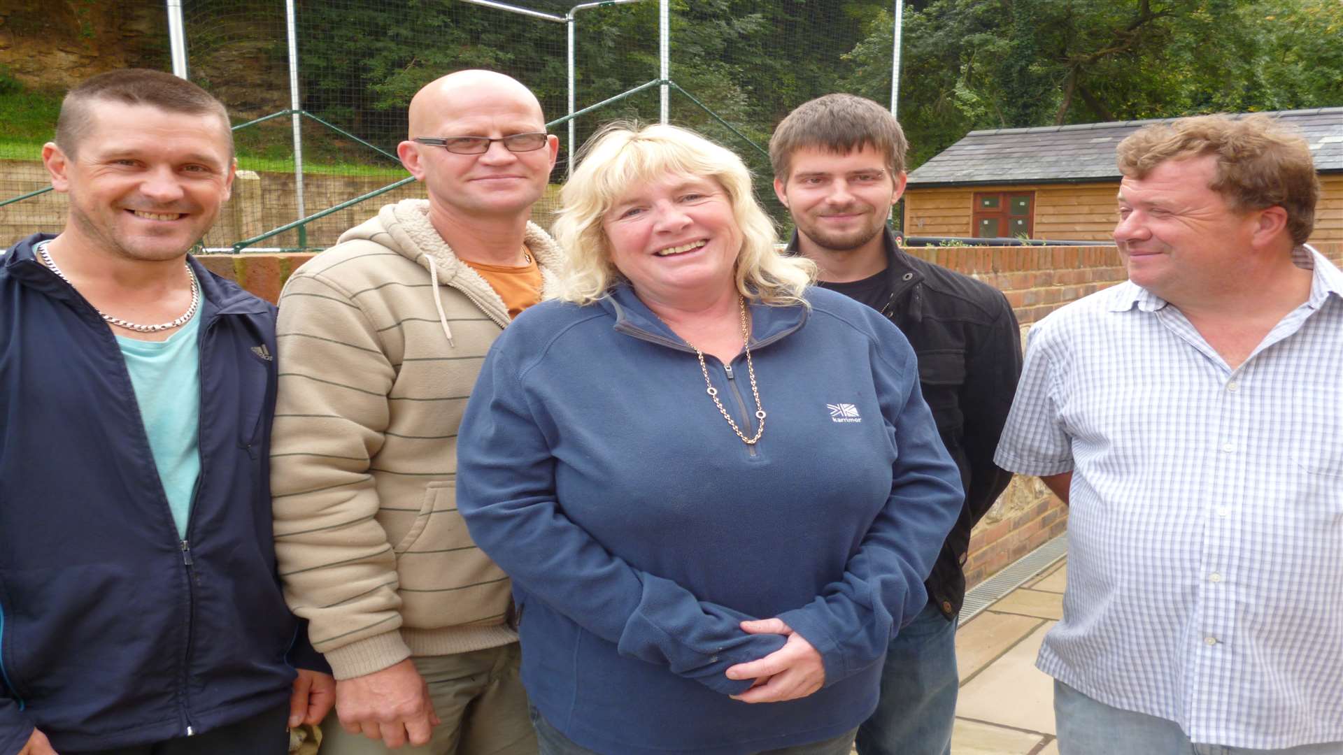 Raimundas Lekavicious, Vytas Mikalauskas and Jurius Kalinkinas, with their former employers, Jackie Judge and Darrell Houghton (right)