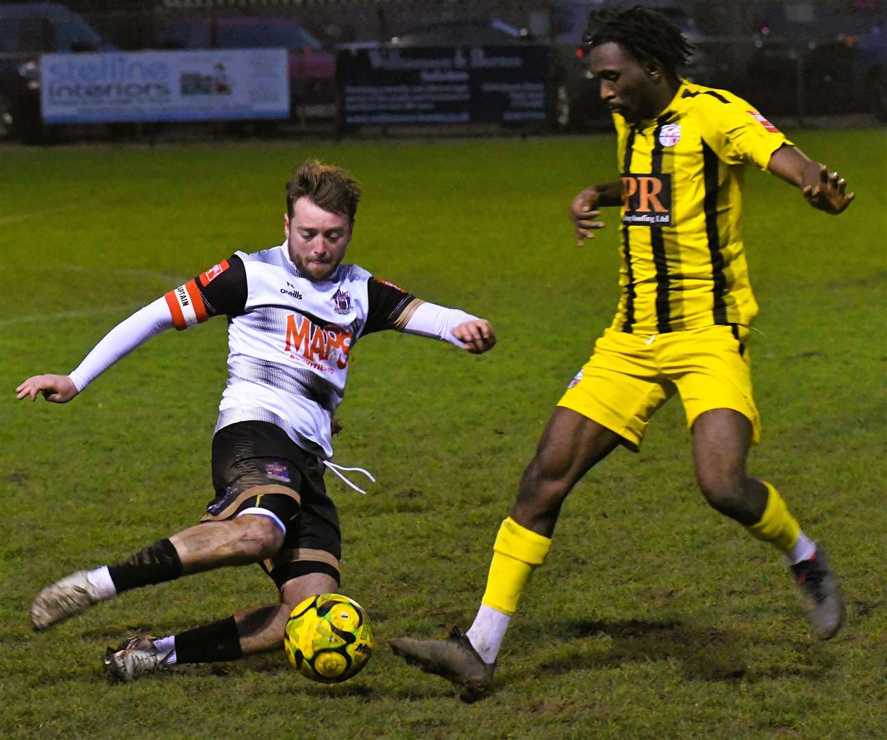 Deal skipper Macca Murray puts a foot in during Saturday’s 3-1 Isthmian South East home win over Sheppey. Picture: Marc Richards