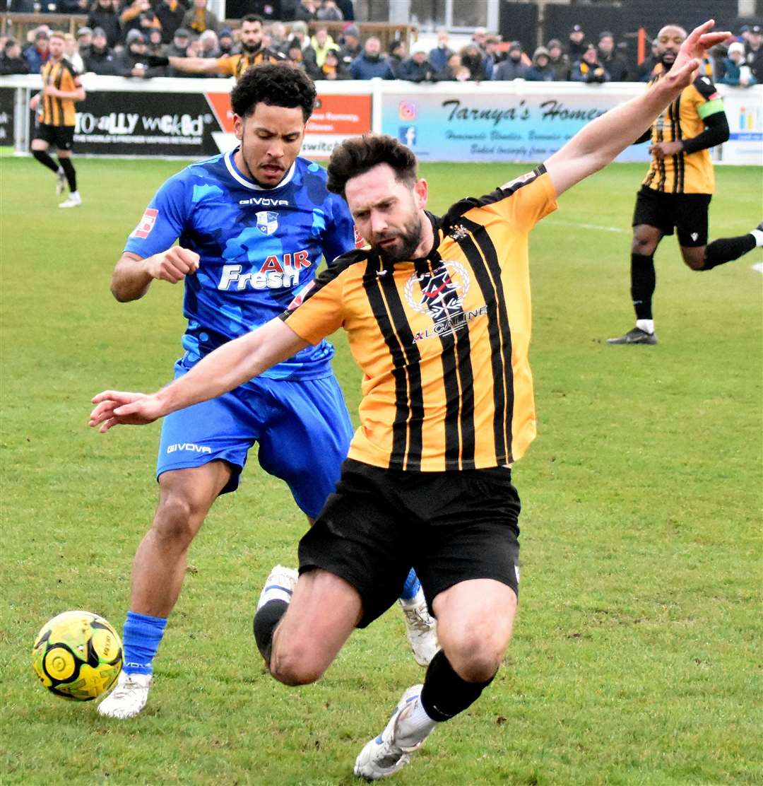 Folkestone midfielder Dean Rance goes to ground. Picture: Randolph File