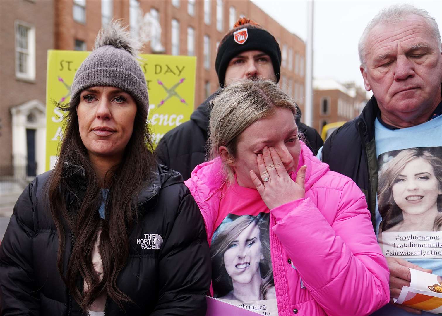 Family members of murder victim Natalie McNally Gemma Doran (left), and Hollie Donnelly (centre) attend a St Brigid’s Day rally outside Leinster House.