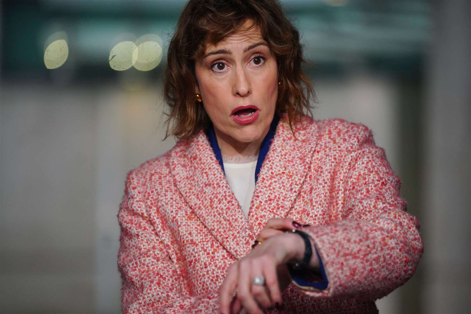 Victoria Atkins looks startled as she leaves Broadcasting House in London after appearing on Sunday With Laura Kuenssberg (Victoria Jones/PA)