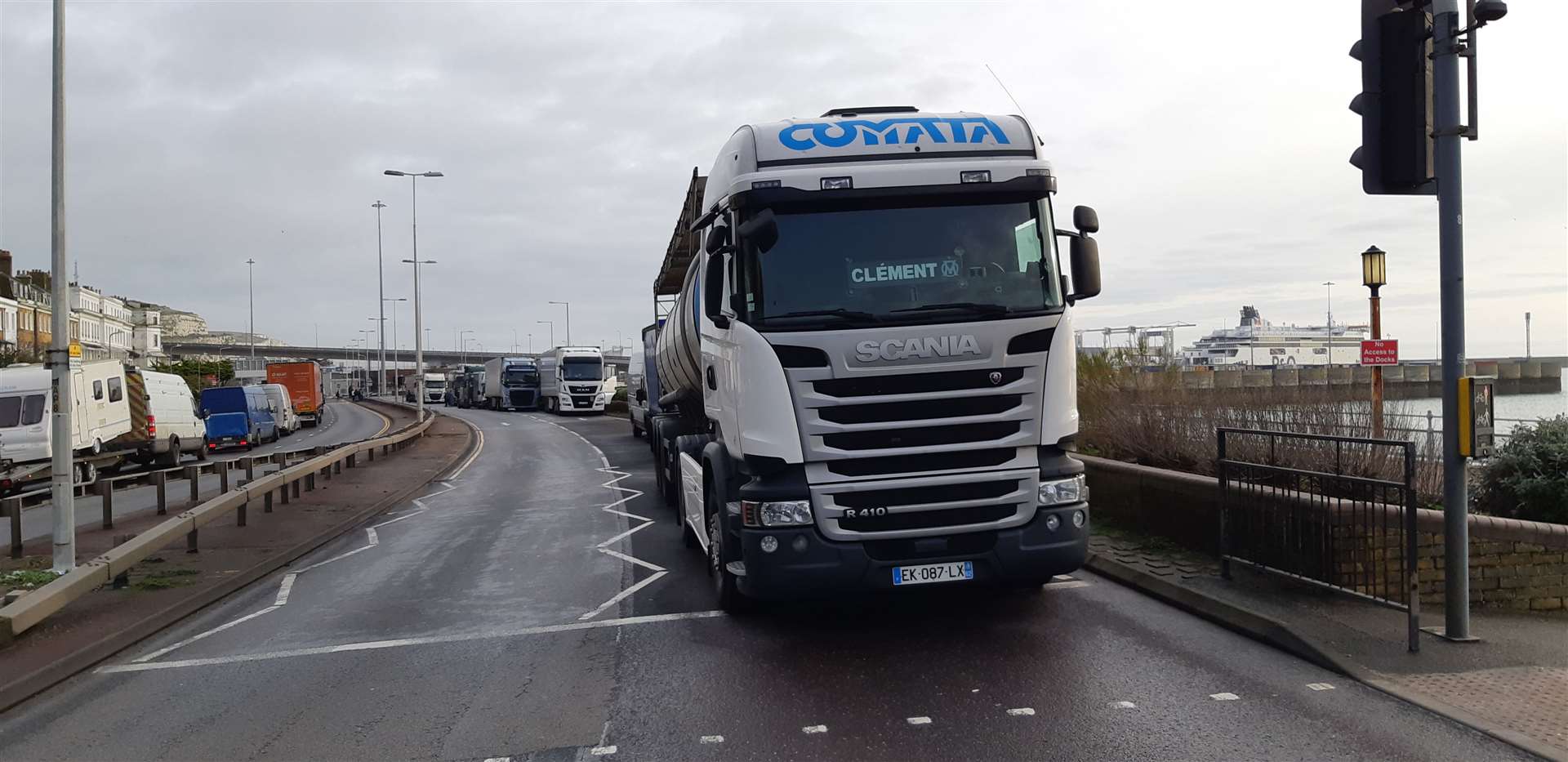 A queue trucks headed for the Port of Dover during December's French border closure