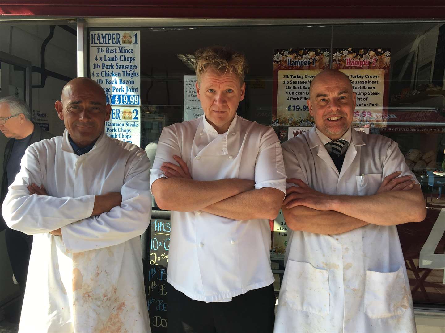 Steve Cassettari, Martin Jordan and Trevor Payne outside Danslow Butchers. (4625336)