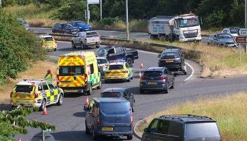 Crash on A20 roundabout involving a pickup truck and a car. Picture: UKNIP