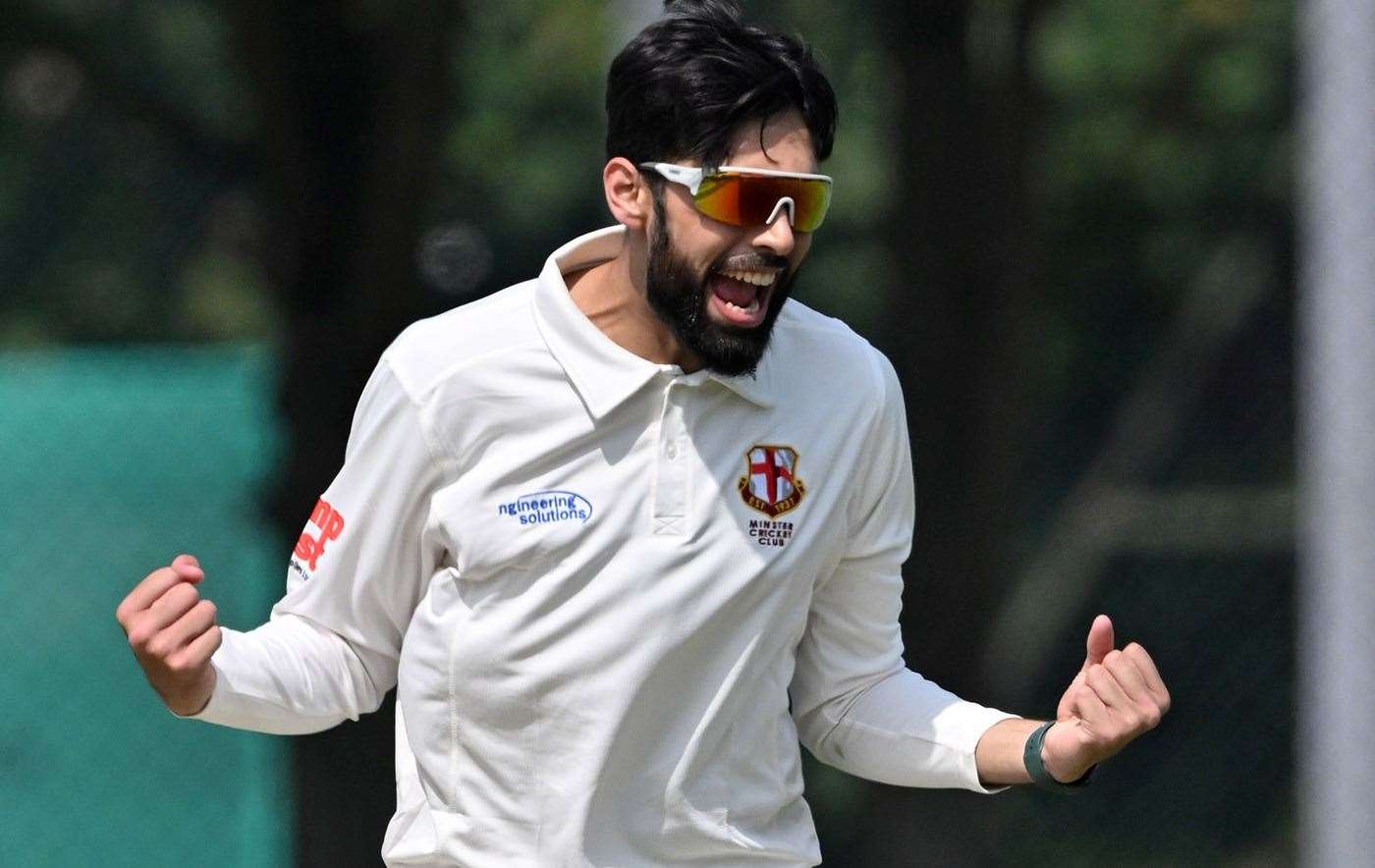 Haider Zaidi celebrates one of his two wickets after making his Kent League debut for Minster Picture: Keith Gillard