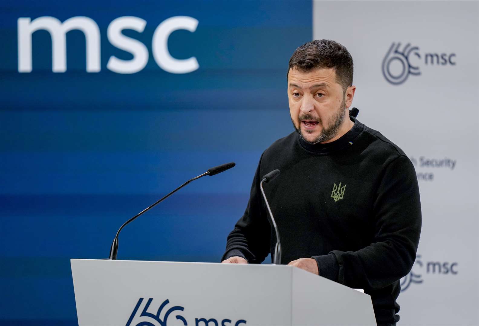 Ukrainian President Volodymyr Zelensky delivers a speech at the Munich Security Conference at the Bayerischer Hof Hotel in Munich, Germany (Matthias Schrader/AP)