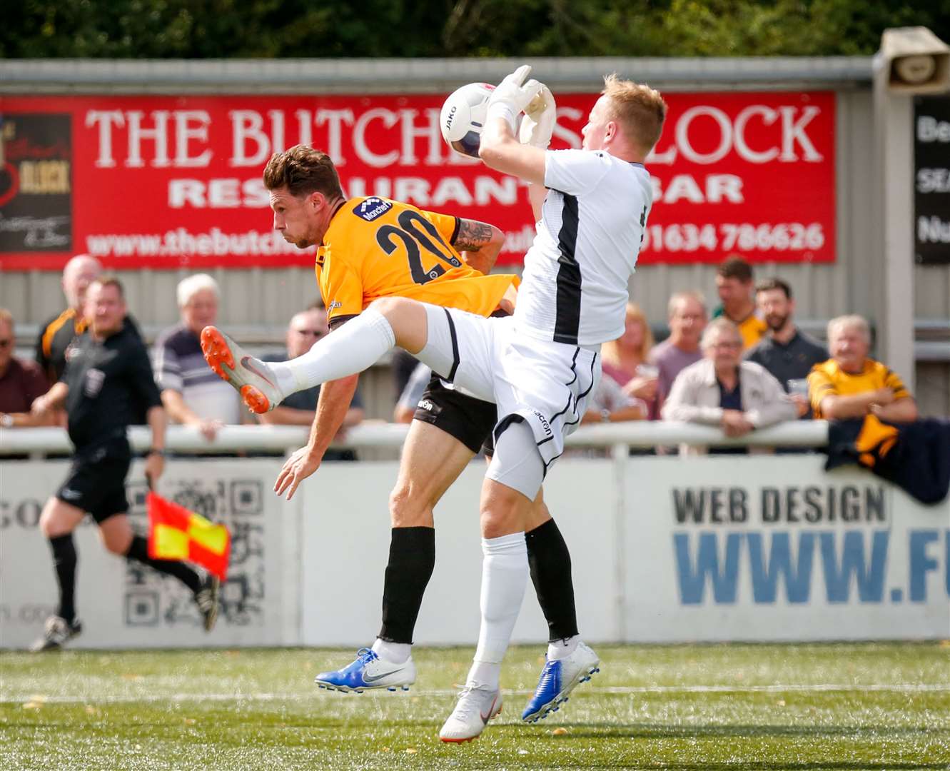 Matt McClure challenges Slough keeper Jack Turner Picture: Matthew Walker