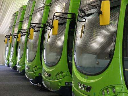 Some of the 11 new diesel-electric buses for Arriva's Greenway service 71 at Maidstone at the Kent Showground