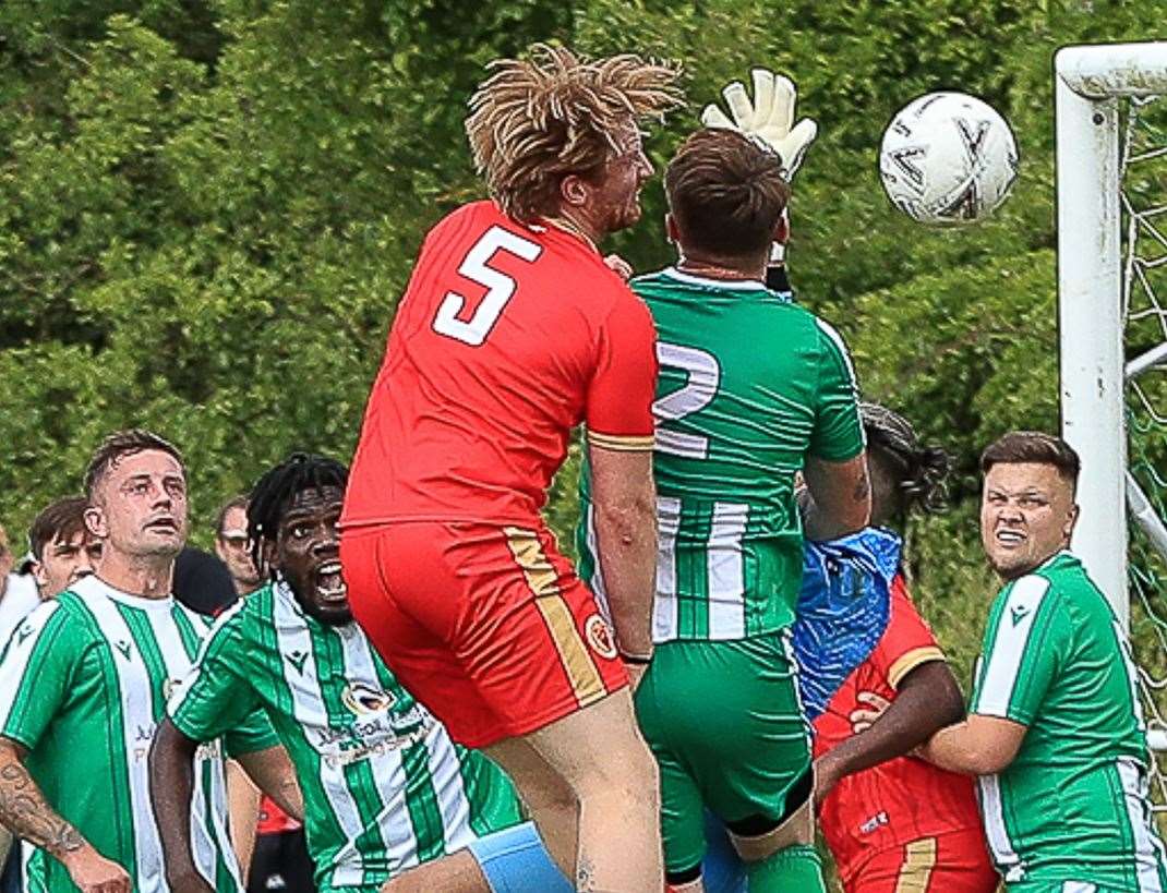 Finn O'Mara heads towards goal for Whitstable Town. Picture: Les Biggs