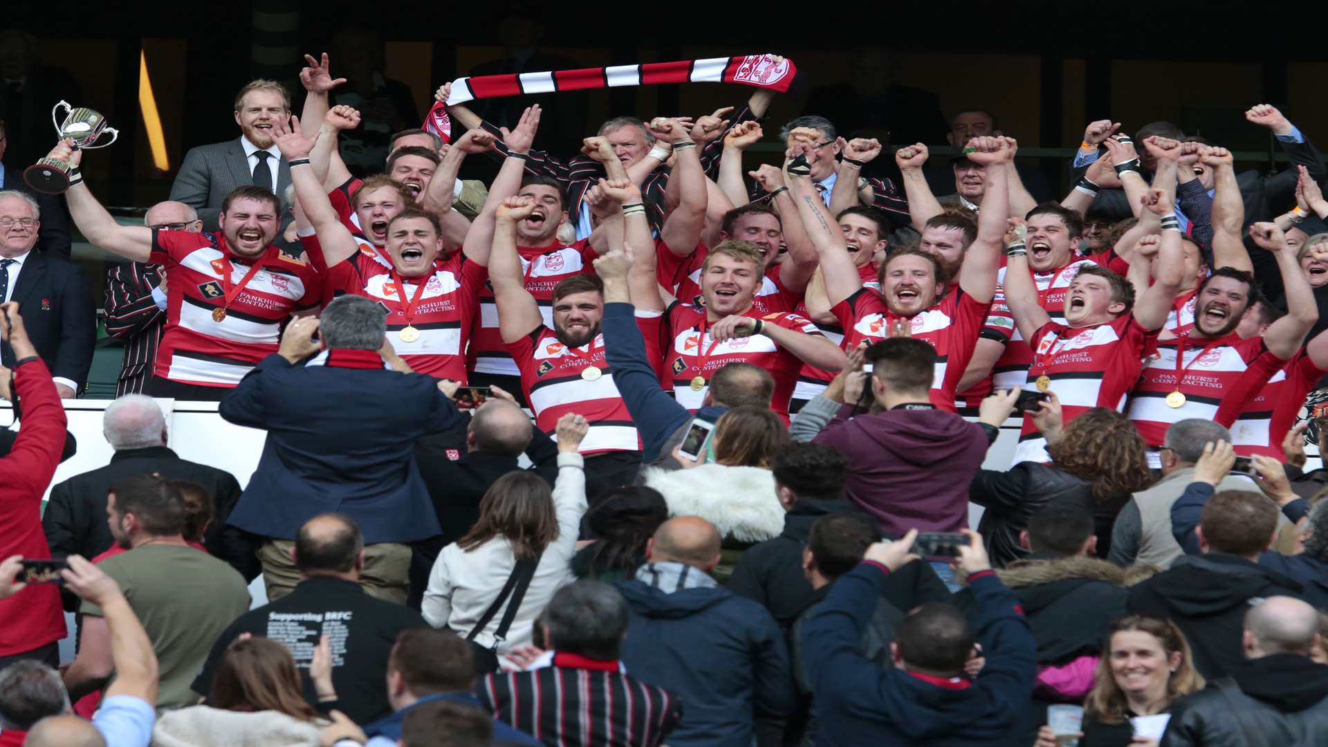 Maidstone lift the RFU Intermediate Cup at Twickenham on Sunday. Picture: Martin Apps