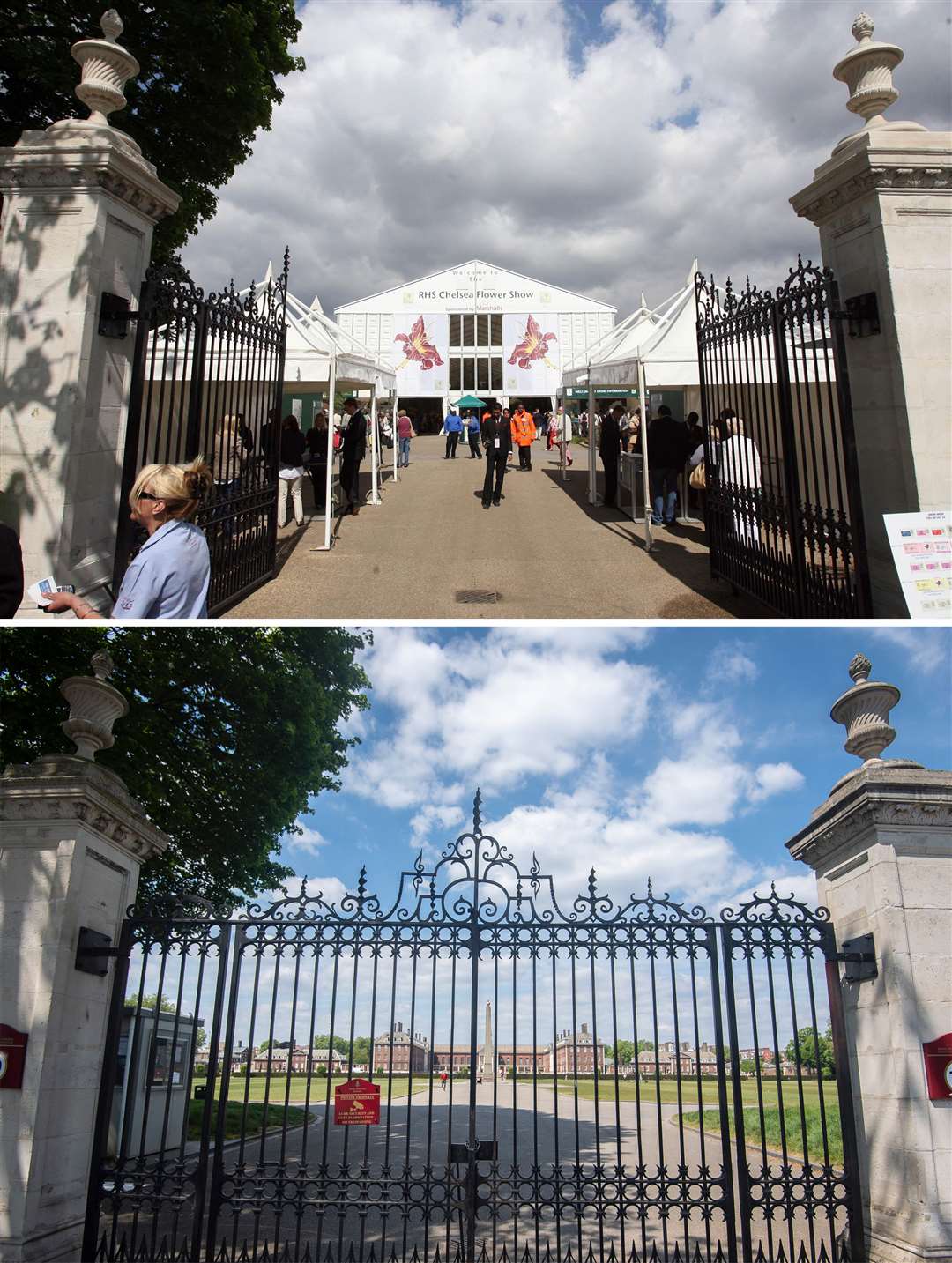 The gates to the grounds of the Royal Hospital Chelsea in 2008 (top) and last week when it would usually be busy with construction work ahead of opening (Lewis Whyld/Victoria Jones/PA)