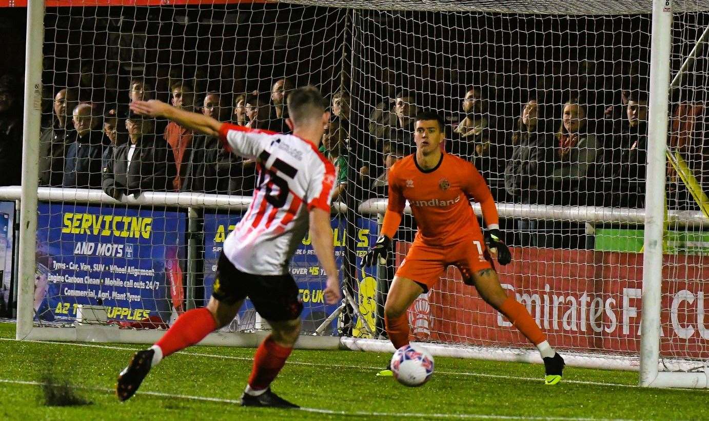 Sheppey substitute Alex Willis misses a great chance with the score at 1-1. Picture: Marc Richards